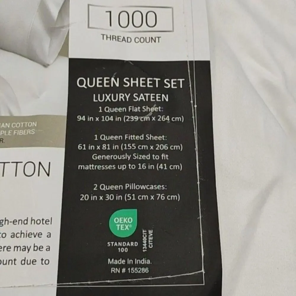 Lane Linen Queen Sheet 4 Piece Set White 1000TC Egyptian Cotton Sateen Bedding